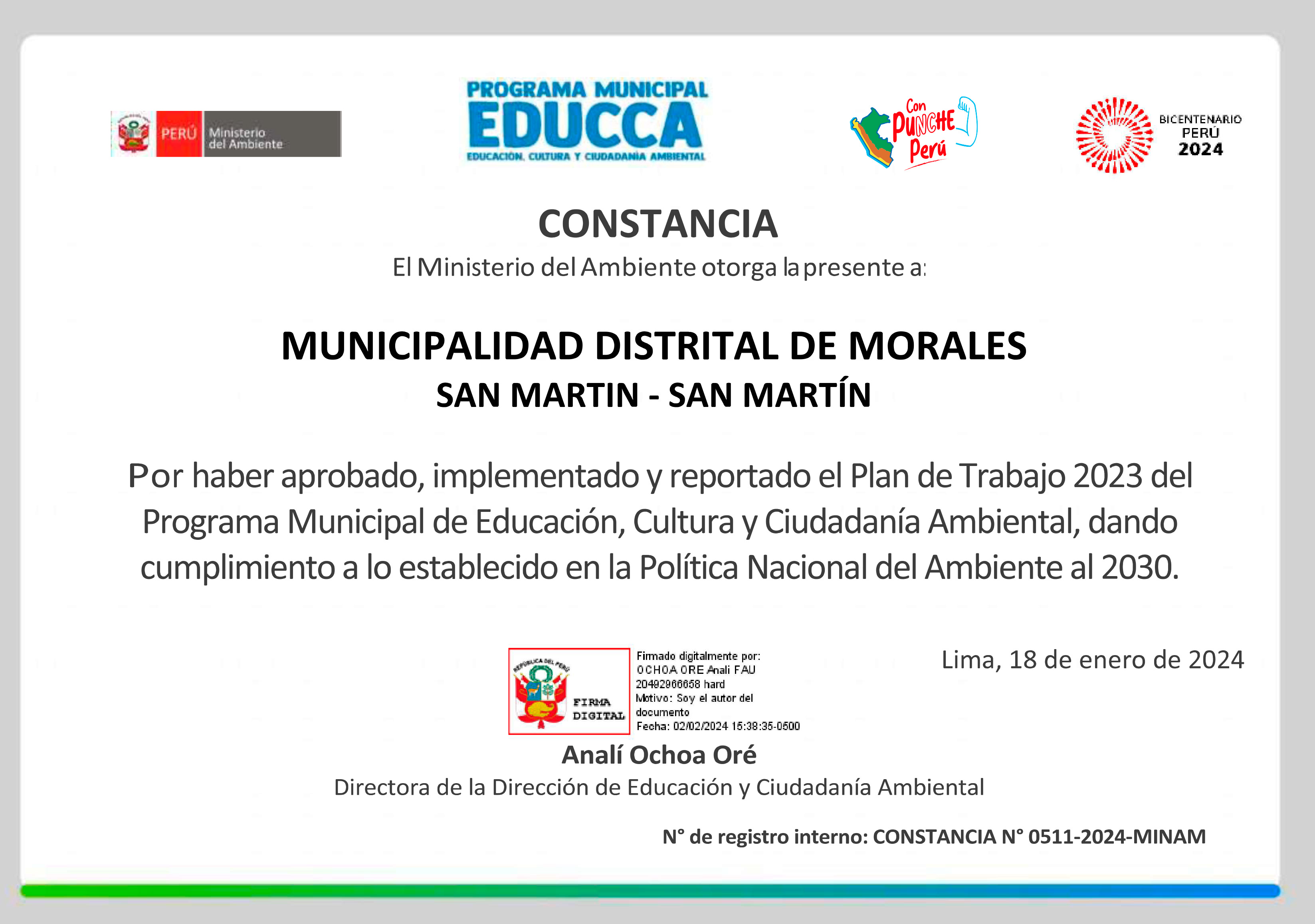 PROGRAMA MUNICIPAL EDUCCA RECONOCE Y FELICITA A MUNICIPALIDAD DE MORALES AL HABER LOGRADO EL CUMPLIMIENTO DE TRABAJOS DURANTE EL AÑO 2023. 